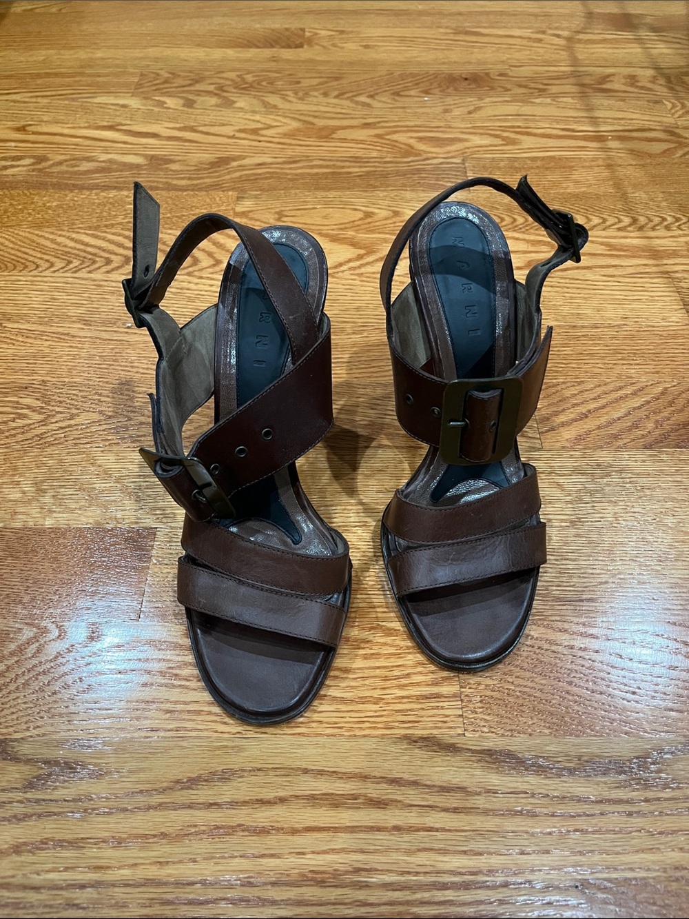 Marni Dark Brown Leather Strappy Buckle Heels